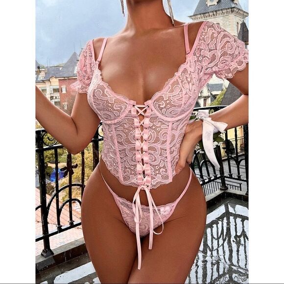 Sexy Sheer Floral Lace Up Lingerie Set - Picture 1 of 9